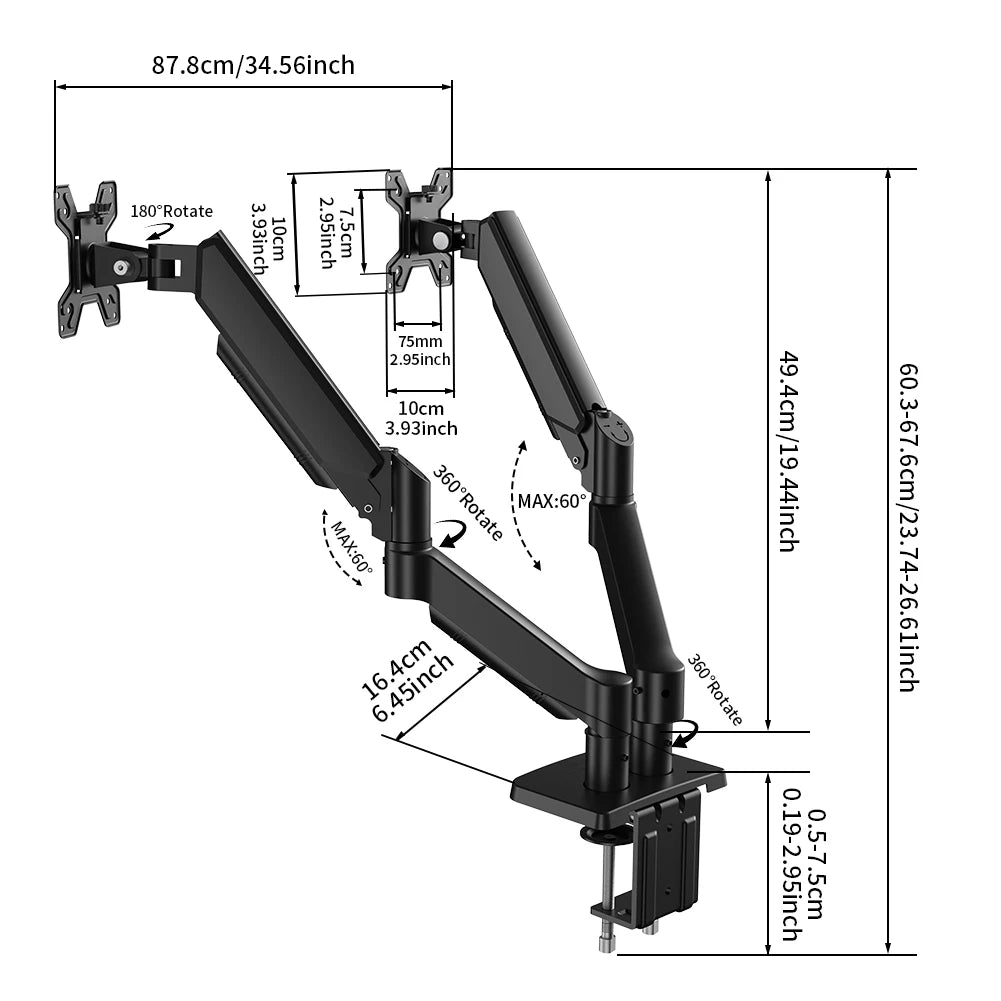 Dual Monitor Mount Stand for 13-32 Inch Screens, Fully Adjustable Double Monitor Bracket with 180° Swivel Tilt & 360° Rotation, Space Saving Desktop Screen Holder for Home Office Gaming Workstation