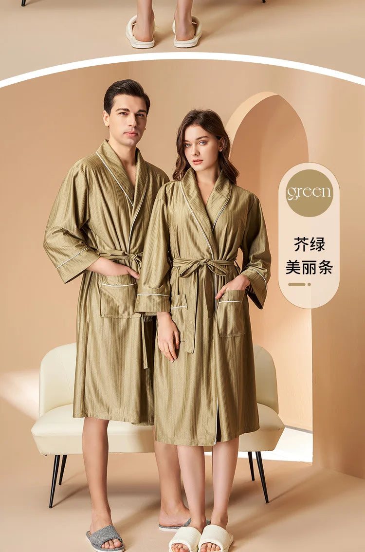 New Stripe Couple Bathrobe Cool Thin Spring Autumn Mid-Length Water Absorbent Loungewear Robe Men Women Luxury Home Nightgown