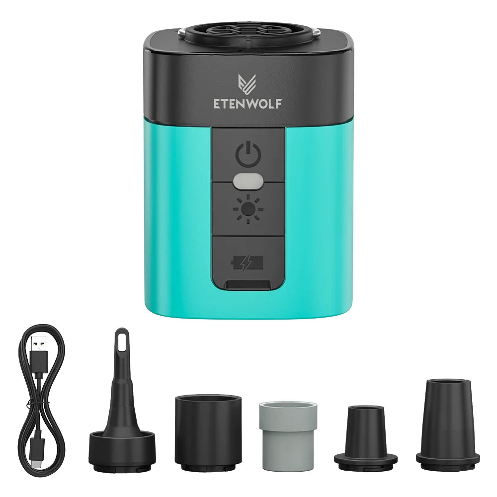 ETENWOLF AIR 3 Mini Elektrisk Luftpump – 2600 mAh, 360 L/min, Campinglampa 600 lm, 5 Munstycken