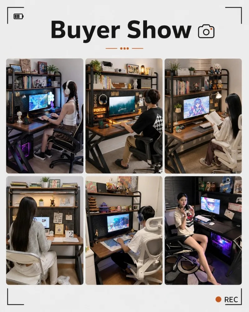 Gaming Desk with Bookshelf and Pegboard Computer Desk with Storage Shelf Home Office Study Desk for Bedroom Small Space