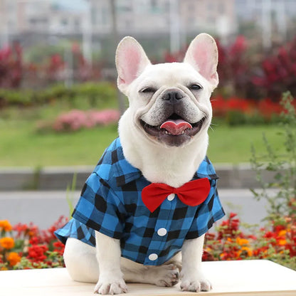 Pet Dog Clothes Plaid Shirt Suit Tie Gown Spring Summer Puppy Coat Teddy Bear Pomeranian Vest Small-Medium Dog Cat Pet Costume