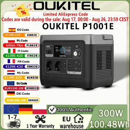 OUKITEL P1001E 1004.8Wh LiFePO4 Power Station｜300W(600W Peak) 230V Pure Sine Wave, 10ms UPS, 3H Fast Charging, 200W Solar Input, 8000 Cycles. Portable Backup Power for Camping, Motorhomes, Van Life, Travel, Fishing, Home Blackouts & Off-Grid Use