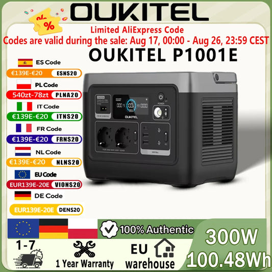 OUKITEL P1001E Portabel Kraftstation – 1004,8Wh, 300W (600W Peak), LiFePO4 8000 Cykler, UPS 10ms, 200W Sol, 3h Laddning