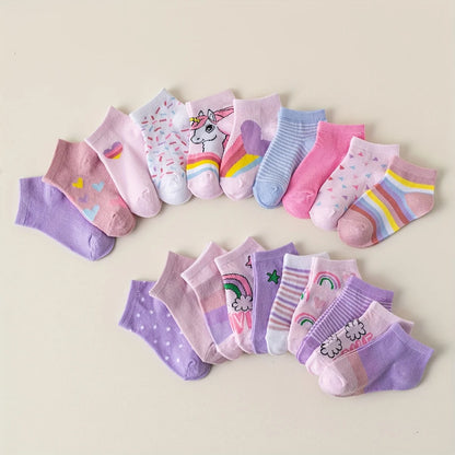 Random 10 pairs of children socks, love, flowers, stripes, dots, one-horned pattern, soft and comfortable to wear ankle socks.