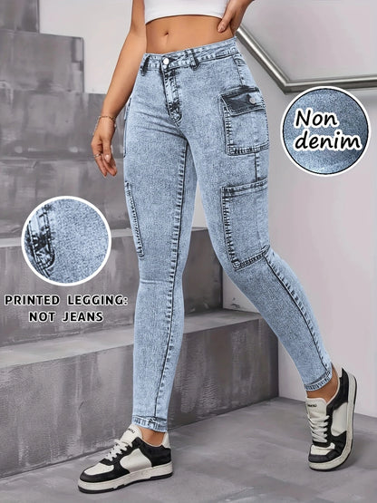 Fashion Printed Faux Denim Skinny Pants, High Waist Elastic Hip Lifting Tummy Control Outerwear Long Leggings