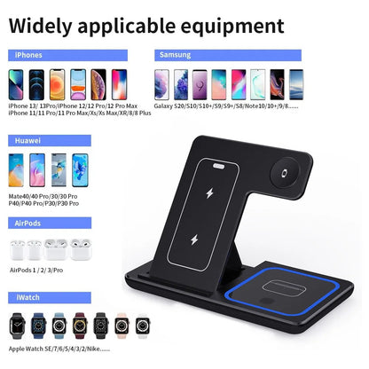 30W 3 in 1 LED Fast Wireless Charger Stand Foldable Charging Station For iPhone 17- 12 Apple Watch 9 8 7 6 5 Airpods Pro