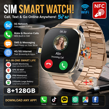 2026New 5G SIM Smart Watch 2.4" AMOLED 8+128GB GPS+NFC WIFI 1000W HD Camera IP68Waterproof Health Monitor Android Smartwatch Men