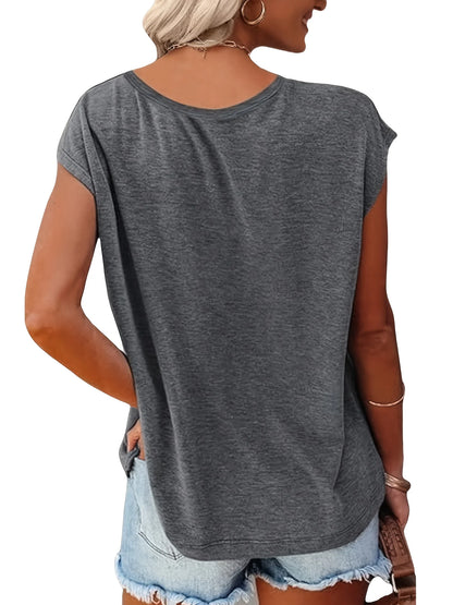 3-Pack of Solid Color V-Neck Cap-Sleeve Tops, Casual Short-Sleeve Tops for Summer and Spring, Women's Clothing