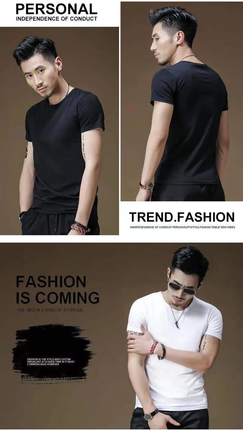 2026 Men's T Shirt Pure Color V Collar Short Sleeved Tops Tees Men T-Shirt Black Tights Man T-Shirts Fitness For Male Clothes