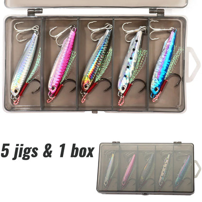 5pcs/box Metal Jig Lures 10g 20g 30g 40g Spinner Sinking Pencil Feather Hook Treble Hooks Pesca Set Fishing Tackle Box Bait Kit