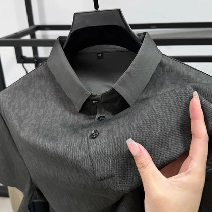 High end ice silk seamless short sleeve POLO shirt men's 2024 summer new fashionable jacquard silk breathable lapel T-shirt