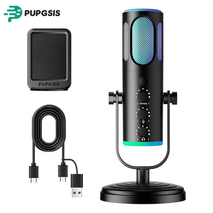 PUPGSIS Gaming USB Microphone, Noise Cancellation Condenser Mic with Mute, Gain, RGB Lights, Boom Arm Stand for Streaming, PC