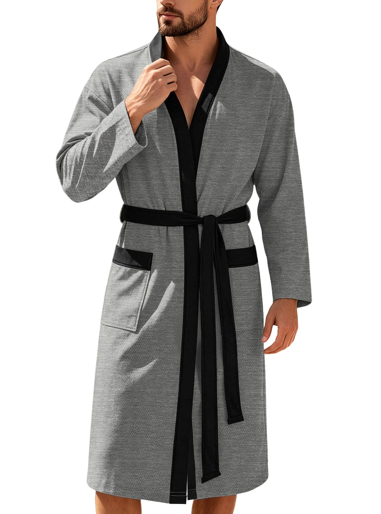 Men's Twill Fabric Long Bathrobe with Belt Design, Double Pockets, Casual Home Pajamas, Loose Fit, Hotel Resort Style, Nightwear
