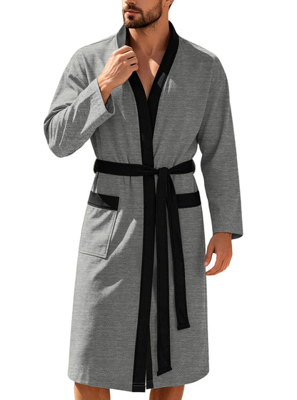 Men's Twill Fabric Long Bathrobe with Belt Design, Double Pockets, Casual Home Pajamas, Loose Fit, Hotel Resort Style, Nightwear