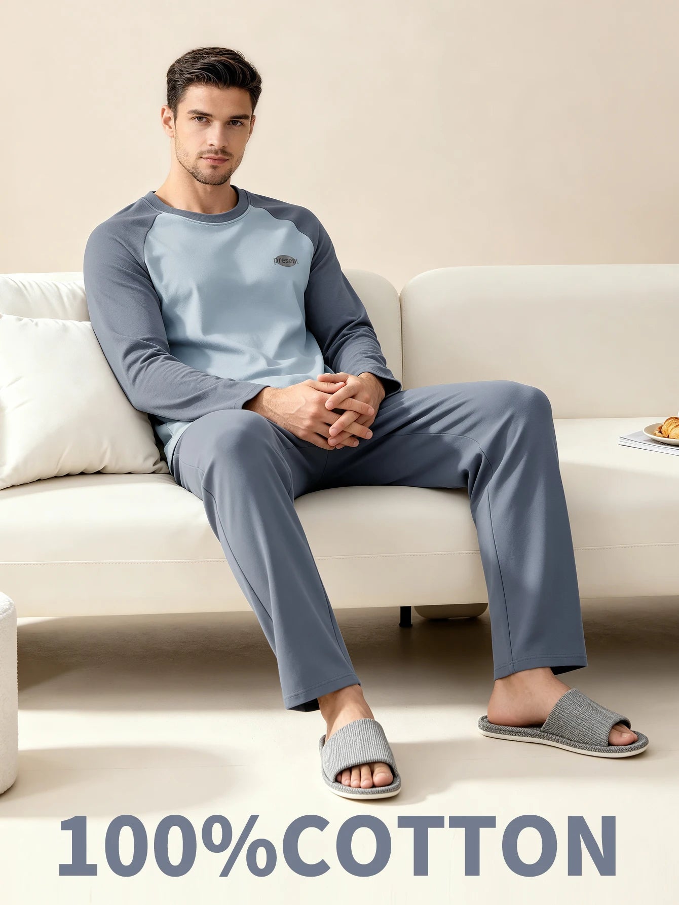 Herr Pyjamas 100% Bomull Långärmad – Fyra Säsonger Plus Size Tonår Hemmaset, L–3XL