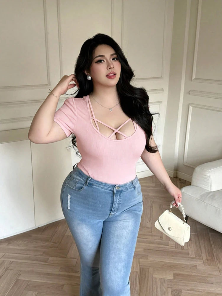 Plus Size, Fashion, Spring/Summer, Tie-front, Sexy, Seductive Style, T-shirt, Fitted, Slimming, Seductive Style