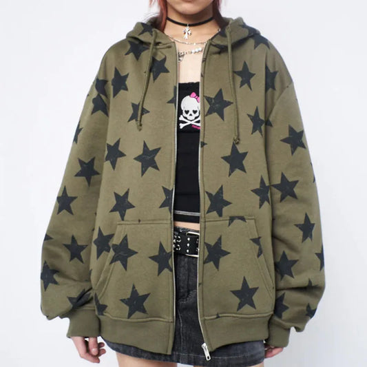 Dam Y2K Vintage Stjärntryck Zip-Up Hoodie 2026 – Harajuku Goth Oversized Sweatshirt Höst/Vinter | S–XL