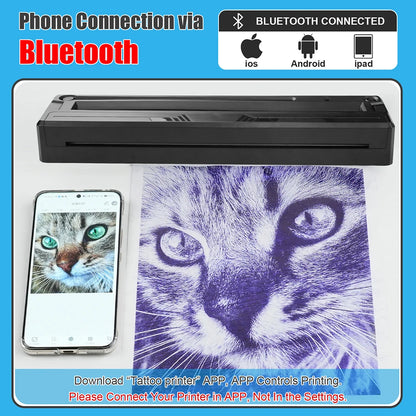 Wireless Tattoo Printer Bluetooth Tattoo Stencil Thermal Transfer Machine with 10 Transfer Paper Compatible with Smartphone & PC