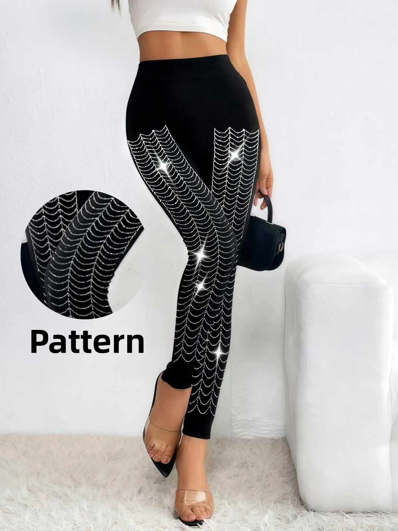 Women's Sparkly Spider Web Rhinestone Embellished Side Glitter Tight Leggings Sexy Club Party Pants