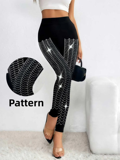 Women's Sparkly Spider Web Rhinestone Embellished Side Glitter Tight Leggings Sexy Club Party Pants