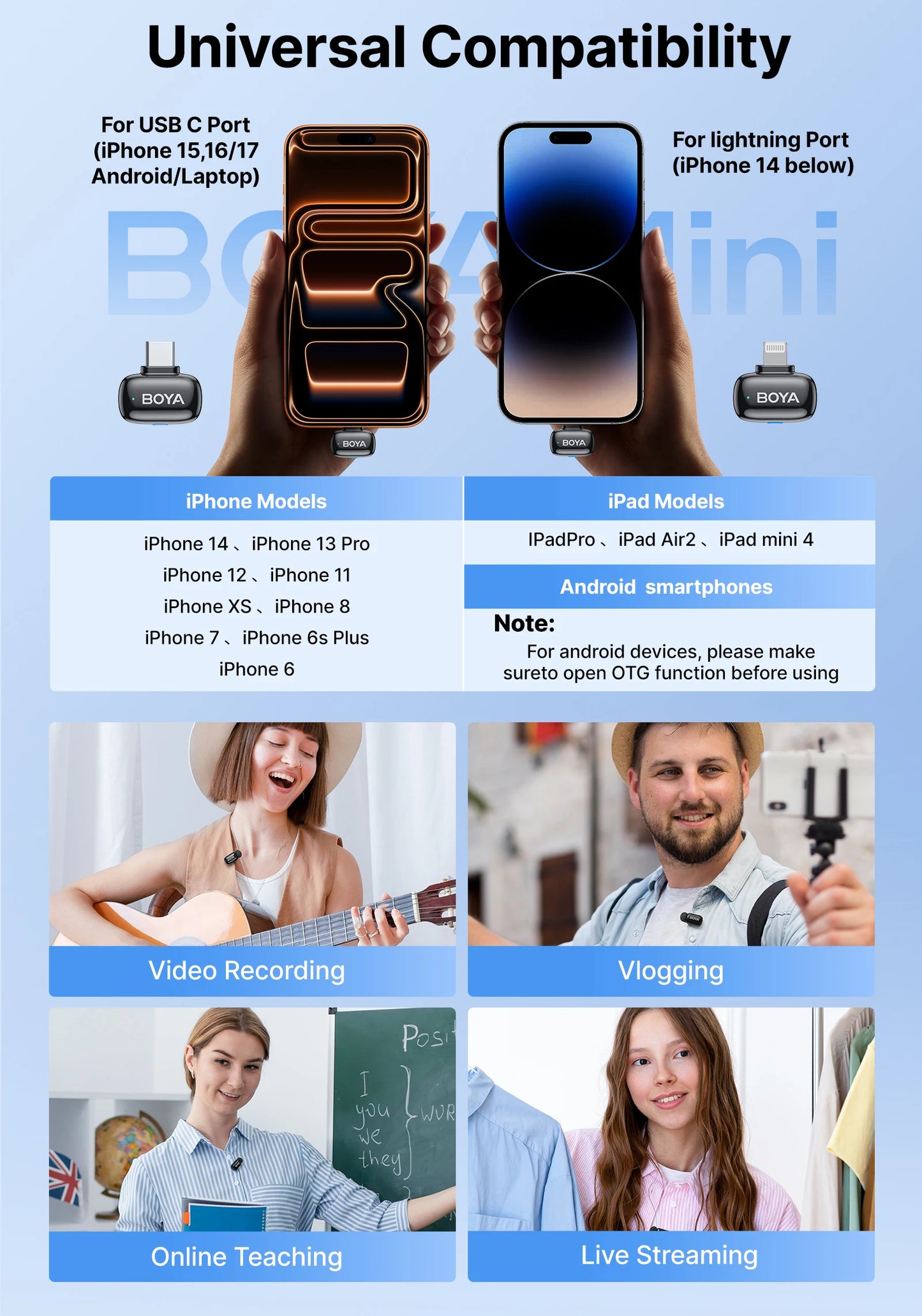 BOYA Mini 2 Wireless Lavalier Microphone AI Noise Reduction Mini Mic for iPhone 6-14/15-17 USB-C Android Phone Video Recording