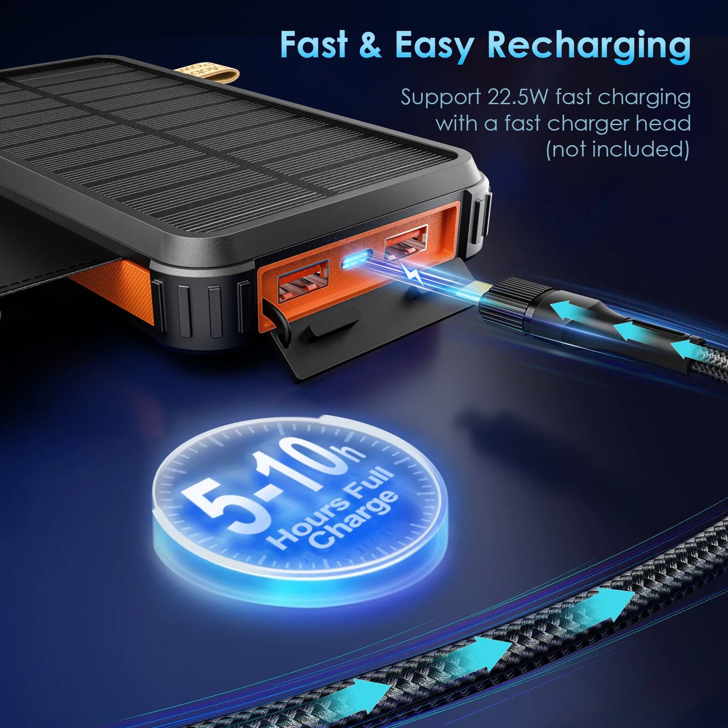 26,800 MAh Fast Solar Charger QC PD 22.5 W Solar Power Bank, 3 Outputs 4 Foldable Panels Charges External Battery, Camping Light