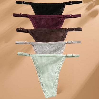 FINETOO 5PCS/Set Sexy G-string Panties Cotton Women's Underwear Adjustable Waist Girl Female Pantys Bikini Lady Thongs Lingerie