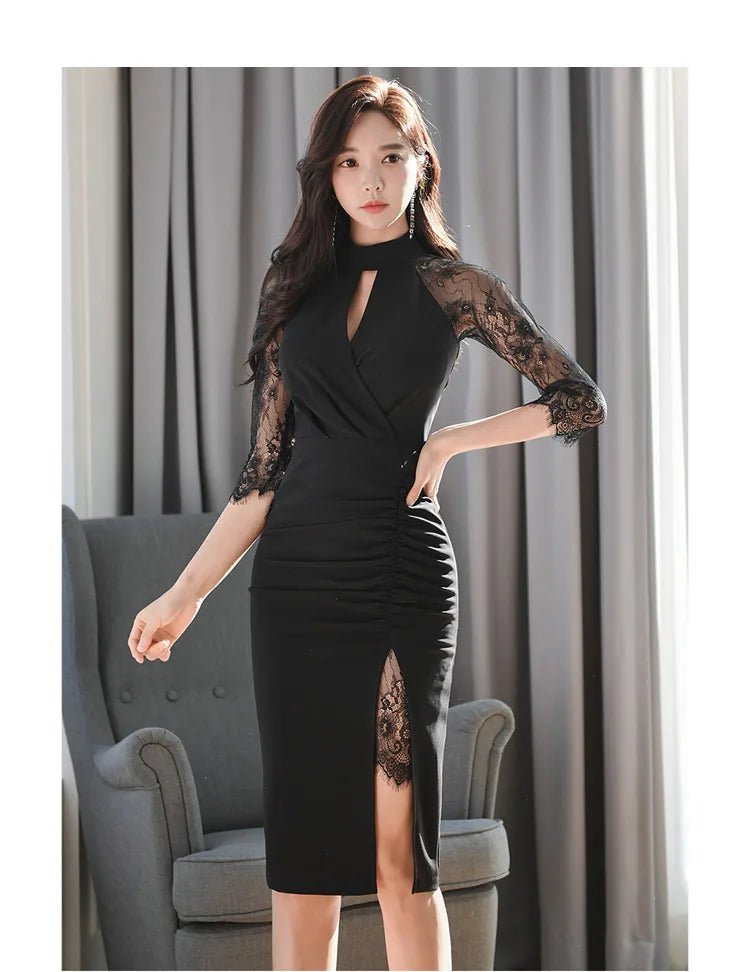 H Han Queen Hot Sale Elegant Fashion Lace Fold Split Pencil Dress Simple Series Dresses Women Korean Mid Office Casual Vestidos