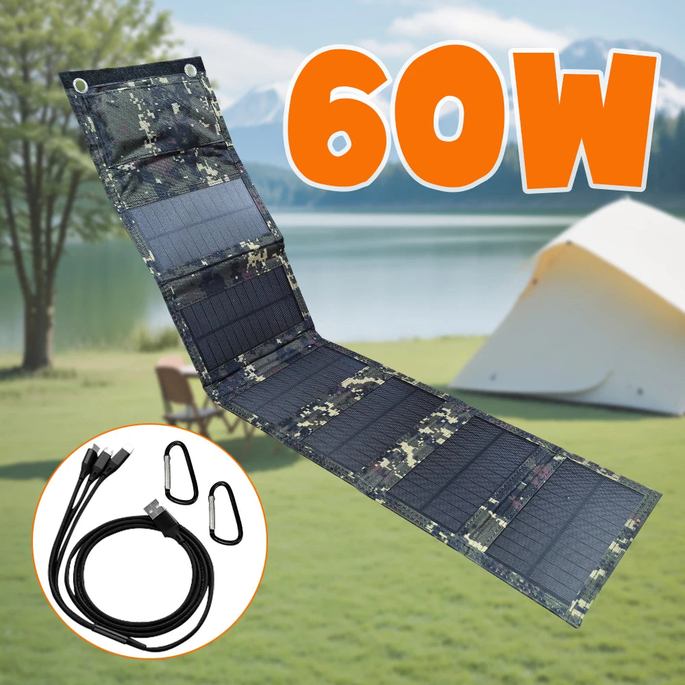 SMARAAD Hopfällbar Solpanel 60W – 6 Paneler, USB 5V, 21,8% Verkningsgrad, Kamouflage/Svart