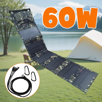 SMARAAD Hopfällbar Solpanel 60W – 6 Paneler, USB 5V, 21,8% Verkningsgrad, Kamouflage/Svart