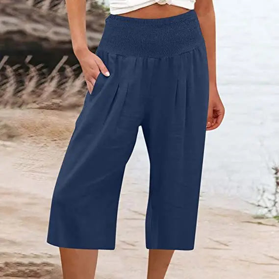 Summer 2024 Amazon Eurn women's cross-border cotton hemp seven waist pocket pocket pocket pocket wide leg pants woman