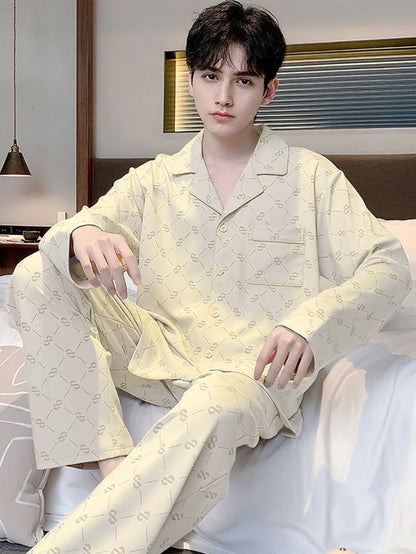 Casual Spring and Autumn Pajamas for Men, New Versatile Cardigan Long-Sleeved Long Pants Set, Simple and Stylish, Plus-Size Loungewear