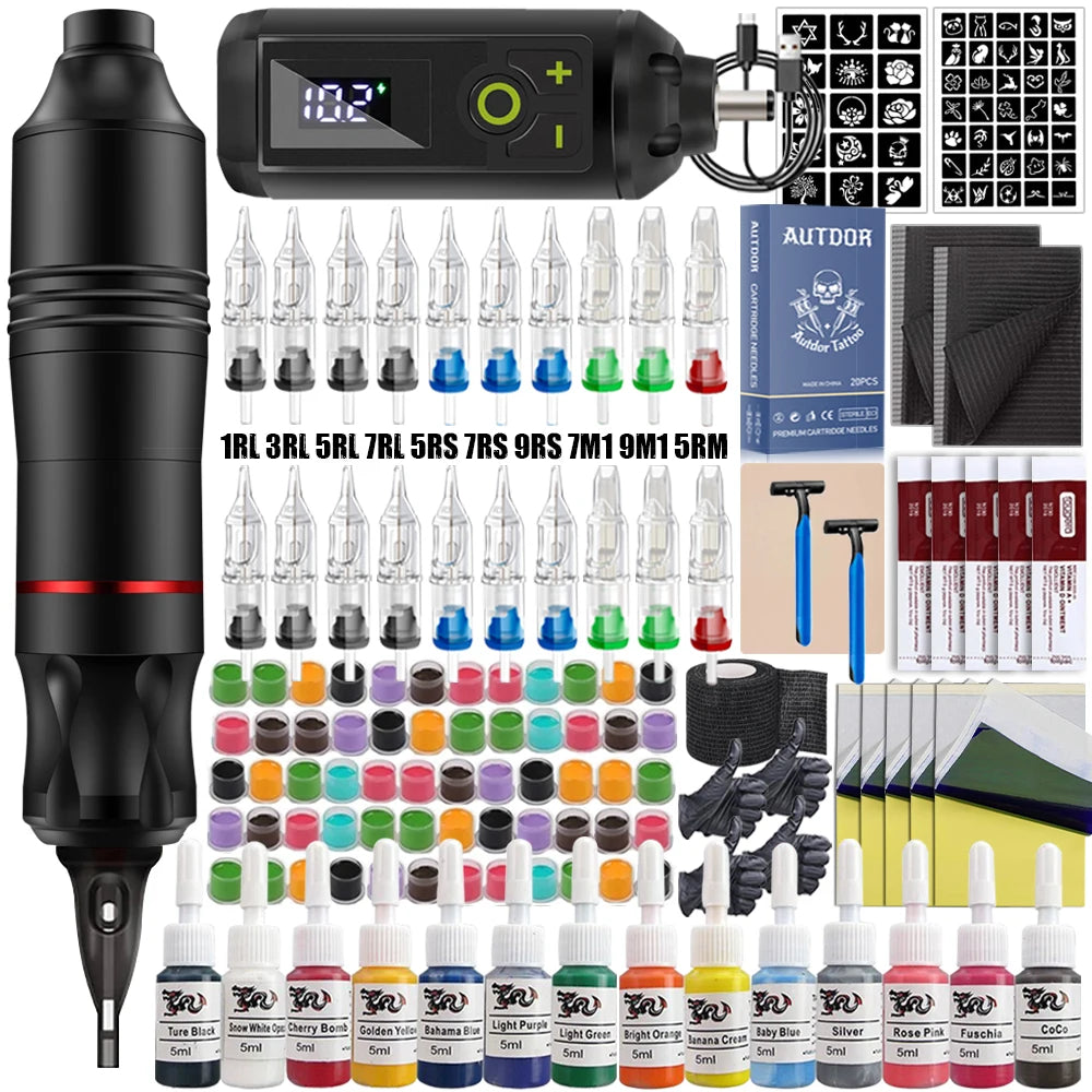 Tattoo Pen Machine Kit Tattoo Machine Set with Wireless Power Supply Tattoo Cartridge Needles Practice Skin Inks Accessories