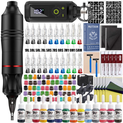 Tattoo Pen Machine Kit Tattoo Machine Set with Wireless Power Supply Tattoo Cartridge Needles Practice Skin Inks Accessories