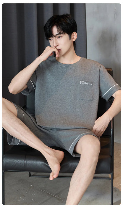 Short Sleeves & Shorts & Long Pant 3Pcs/set Cotton Nightwear for Men Summer Breathable Casual Sleepwear Male Loungewear Hombre