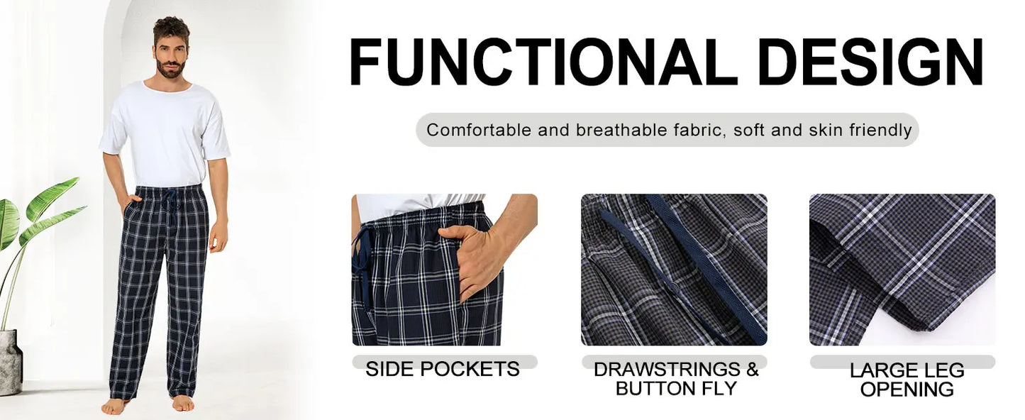 3pcs Men's Pajama Pants Autumn Simple Plaid Pattern Casual Cotton Sleepwear Trendy Elastic Waistband Home Pajama Bottoms