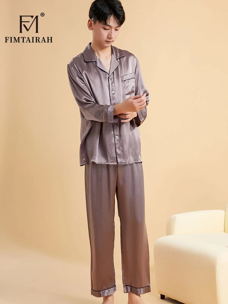 Fimtairah Real 19MM 100% Mulberry Silk Pajamas Men's Autumn  Hangzhou Solid Color heavy Silk Home Wear Men's