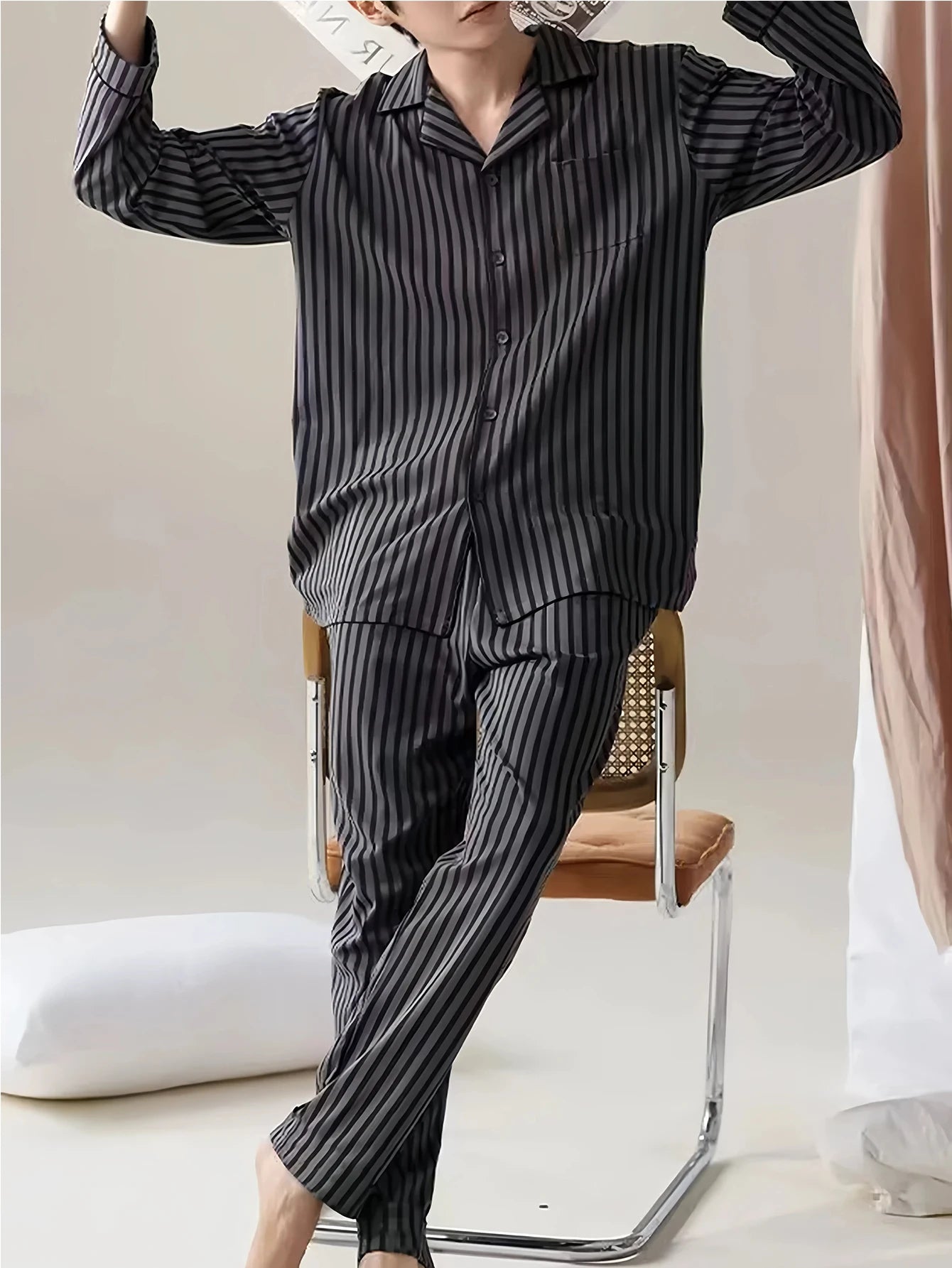 Casual Spring and Autumn Pajamas for Men, New Versatile Cardigan Long-Sleeved Long Pants Set, Simple and Stylish, Plus-Size Loungewear