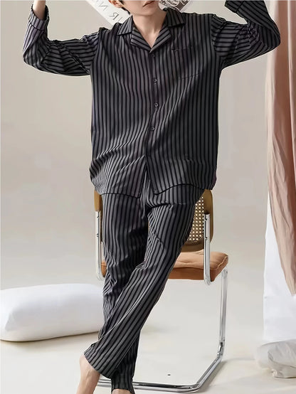 Casual Spring and Autumn Pajamas for Men, New Versatile Cardigan Long-Sleeved Long Pants Set, Simple and Stylish, Plus-Size Loungewear