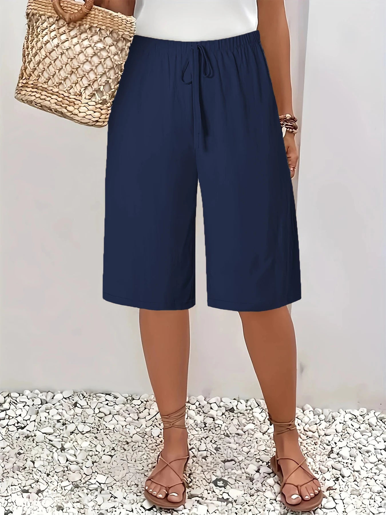 Dam Wide Leg Byxor Knälång – Elastisk Midja Dragsko Casual Vår/Sommar, 5 Färger S–XXL