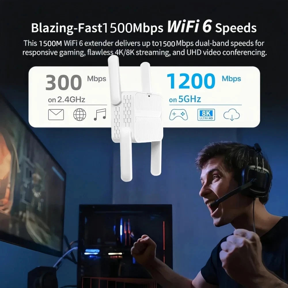 WiFi 6 AX1500 Repeater Extender Signal Booster Dual Band 2.4G/5GHz Wi-Fi Signal Amplifier Long Range Network Easy Set