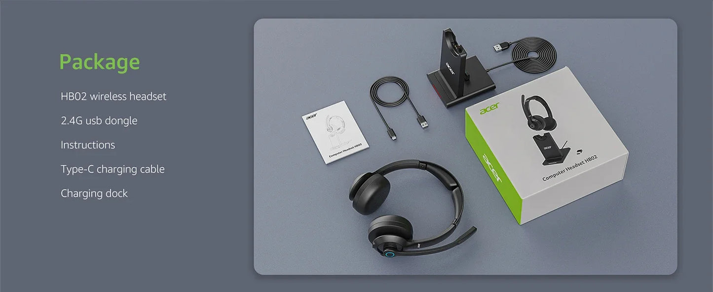 Acer HB02 Wireless Headset with Mic for Work 2.4G Bluetooth 5.3 Dual Mode Headphones USB Dongle for PC Headset for Call Center