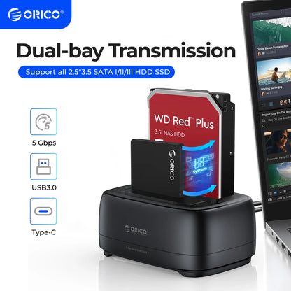 ORICO Dual-bay Hard Drive Station 5Gbps Type-C HDD Docking Station  with 12V 3A Power Adapter  for 2.5/3.5 Inch HDD/SSD