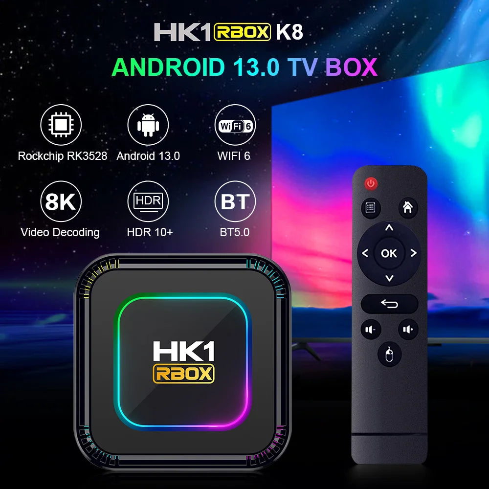 TV Box Android HK1 RBOX K8 Android 13 RGB Light 4GB 128GB RK3528 WiFi6 Dual Wifi6 Youtube Netflix 8K Media Player TV Receive