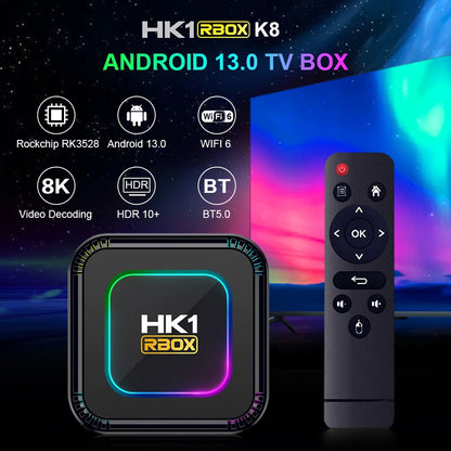TV Box Android HK1 RBOX K8 Android 13 RGB Light 4GB 128GB RK3528 WiFi6 Dual Wifi6 Youtube Netflix 8K Media Player TV Receive