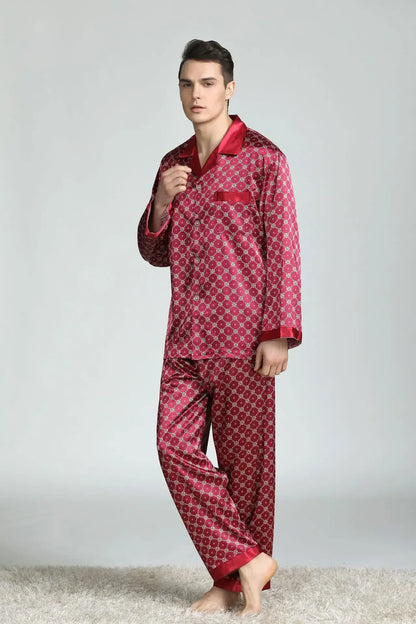 Pyjamasset herr med satinkänsla – långärmad överdel och långbyxor, L–3XL