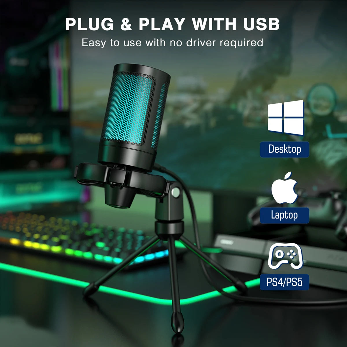 AmpliGame RGB USB Gaming Microphone with Light-touch Mute,Condenser Mic with Tripod for PC,PS4/5,Laptop Streaming Podcasting -A2