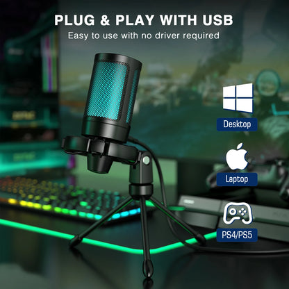 AmpliGame RGB USB Gaming Microphone with Light-touch Mute,Condenser Mic with Tripod for PC,PS4/5,Laptop Streaming Podcasting -A2
