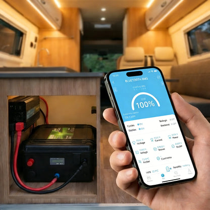 LiFePO4 Batteri 12V 100Ah/200Ah – Bluetooth, 4S 100A BMS, IP56, USB/PD, Anderson-port, >6000 Cykler, Båt/Husbil/Off-Grid, EU-lager (Frankrike)