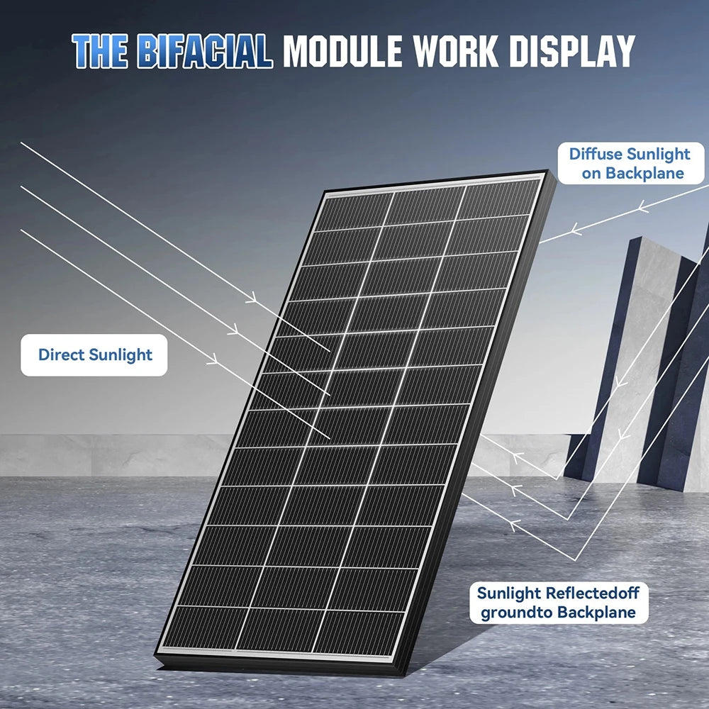RVPOZWER Bifacial Solpanel 200W/400W/800W – N-Type 18BB, ~25% Verkningsgrad, +15% Bifacial, IP68, 25års Livslängd, Tak/Stuga/Off-Grid, EU-lager (Tyskland)
